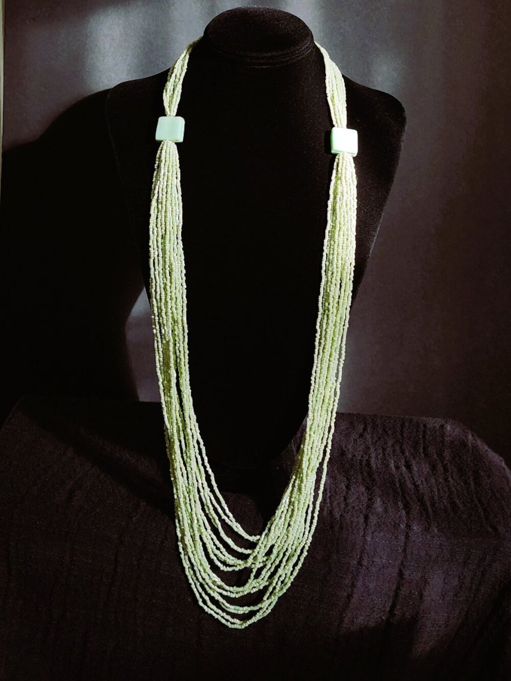 Vintage 80s Seafoam Green Multi Strand Glass Seed Bead Necklace Statement 37”